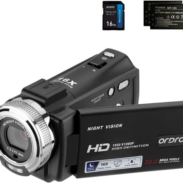 Camcorders ORDRO HDV-V12 HD 1080P Video Camera Recorder Infrared Night Vision Camera Camcorders with 16G SD Card and 2 Batteries