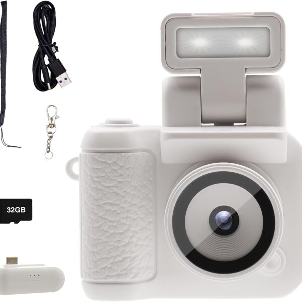 Digital Camera with 1.4 in LCD Screen 1080P 32GB Card Charging Base Monoreflexes Shaped CMOS Compact Portable Video Recorder Easy to Operate (White)