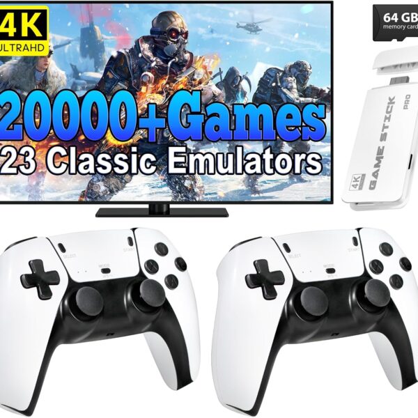 Retro Gaming Console, 20,000+ Retro Game Stick, 23 Emulators, 4K HD HDMI TV Game Stick, Includes 2 Wireless 2.4GHz Controllers,Plug & Play Video Games for TV(64GB)