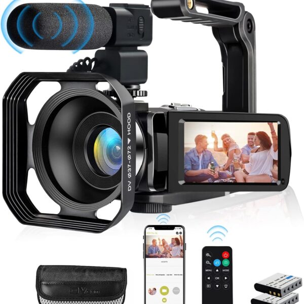 lovpo 4K Video Camera, Camcorder 48MP Ultra HD WiFi Vlogging Camera for YouTube 18X Zoom 3.0" Touch Screen Digital Camera with Microphone, Stabilizer, Lens Hood, Remote, 2 Batteries
