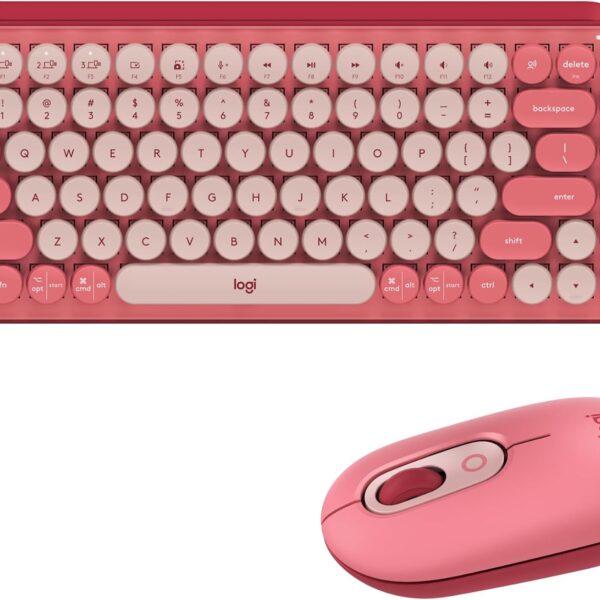 Logitech POP Keys + POP Mouse - Wireless Keyboard and Bluetooth Mouse Combo with Typewriter-Style Mechanical Keys, Emoji Features, Cute Compact Design - Heartbreaker Rose