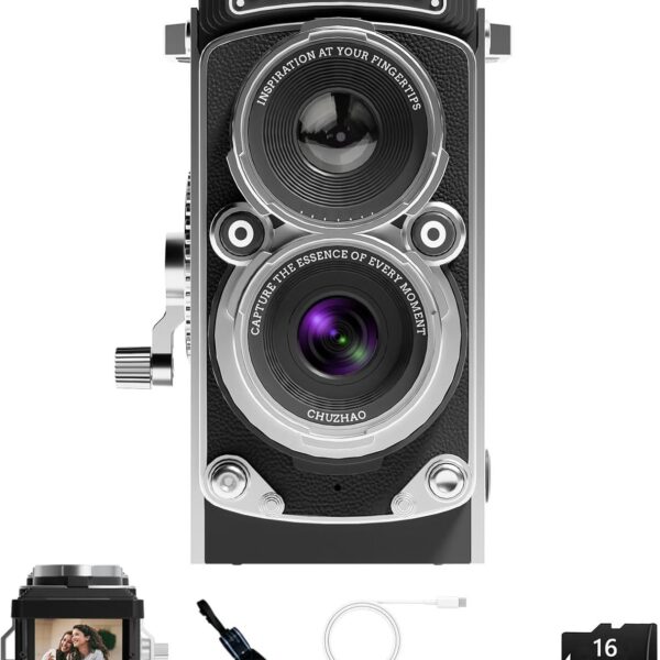 CHUZHAO Vintage Mini Digital Camera, Portable TLR Style Retro Point and Shoot Compact Small Pocket 1080P FHD Video 12MP Autofocus Vlogging Camera with 16 GB Card for Beginners Teens Adults Kids Black