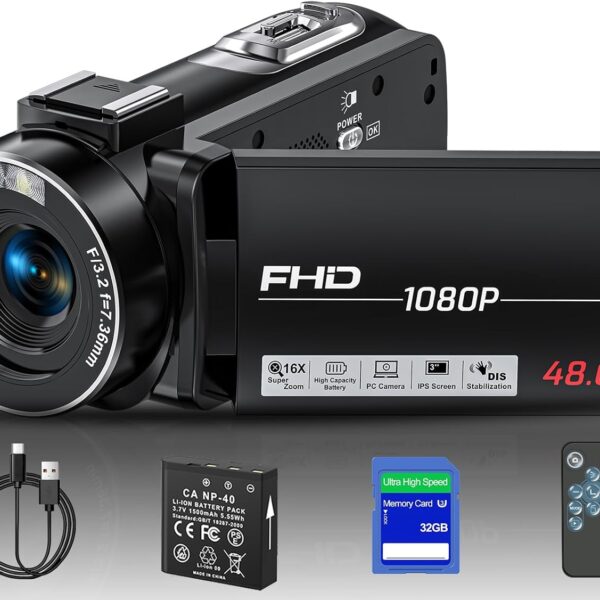 OLESIT Camcorder Video Camera Full HD 1080P 48MP Camcorder 16X Digital Video Camera for YouTube, 3.0 Inch IPS Screen Vlogging Camera Recorder with Remote Control, Battery and 32GB Card