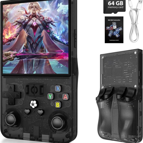 R36MAX Game Console,4.0 Inch IPS Screen Linux System with 64GB TF Card,Retro Gaming Console Built in 18000+ Games,Retro Game Console for Adults,4000mAh Battery (Black)