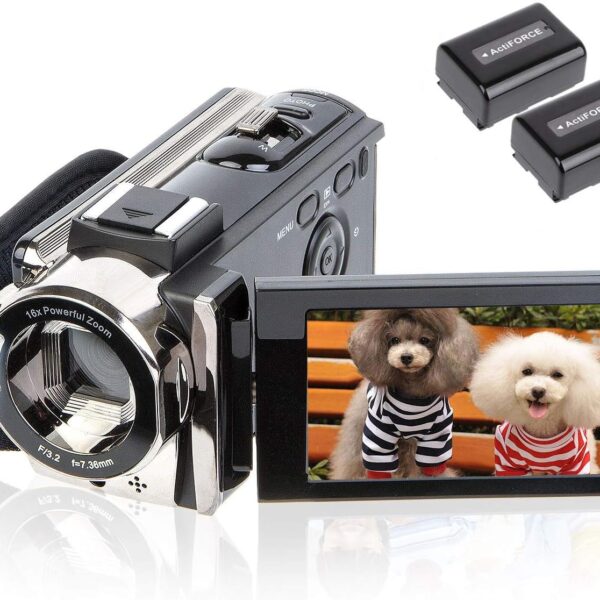 kicteck Video Camera Camcorder Digital Camera Recorder Full HD 1080P 15FPS 24MP 3.0 Inch 270 Degree Rotation LCD 16X Zoom Camcorder with 2 Batteries(604s)