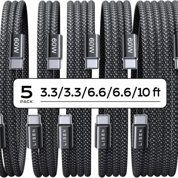 LISEN USB C Cable, 5-Pack [3.3/3.3/6.6/6.6/10FT] USBC to USBC Cable for iPhone 16 15 Pro Max Car Charger, 60W (3.1A) Type C Charger Fast Charging for Samsung S24/23, iPad, MacBook Air/Pro