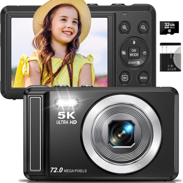 5K Digital Camera - 72MP UHD Digital Cameras for Photography - Autofocus Point and Shoot Small Camera with Flash for Kids - 2.8 Inch Screen Compact Portable Vlogging Camara with 16X Zoom, 32GB SD Card