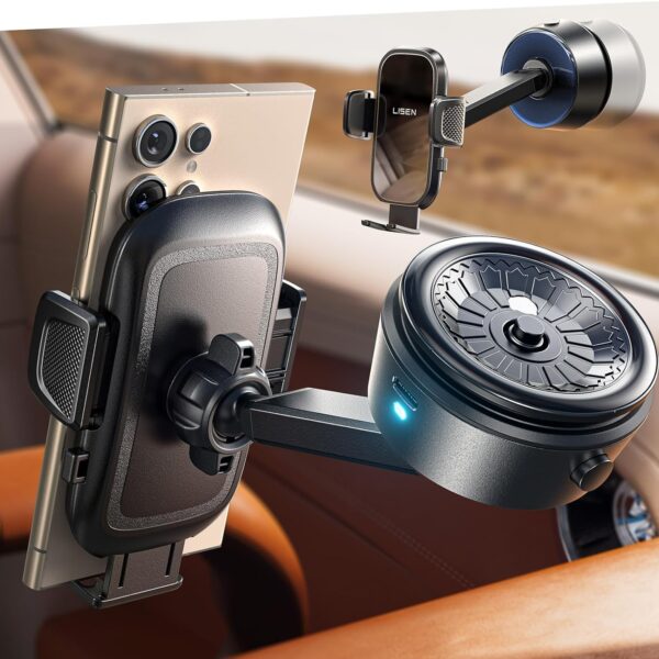 LISEN Car Phone Holder Mount,Vacuum Electric Suction Cup Phone Mount,Jeep Wrangler Accessories Fit Any Angle,Any Position for iPhone Android and All Smartphones,All Thick Case,Gifts for Men Women